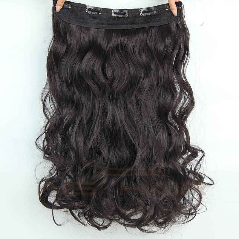 Synthetic Long Body Wave False Hairpieces 5 Clips In Hair Extensions Heat Resistant Black Brown Color Fiber