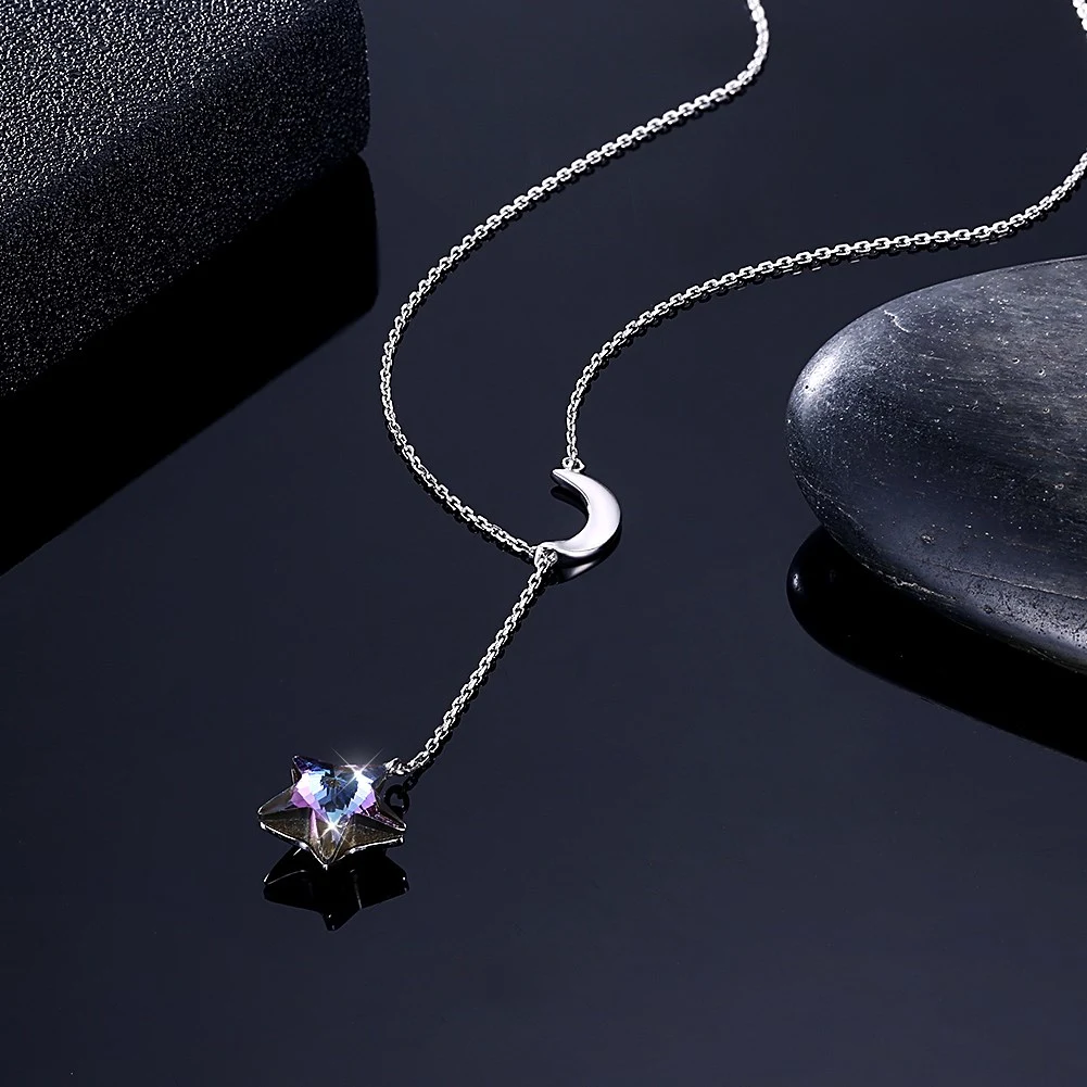 Latest Design New Fashion Necklace Jewelry Statement Gift Elegant Crystal Colorful 925 Sterling Silver Moon Star Simple Necklace