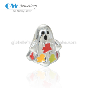 Wholesale Hallowmas Ghost Charms Beads Fashion Silver Jewelry Beads With Green Orange And Red Enamel