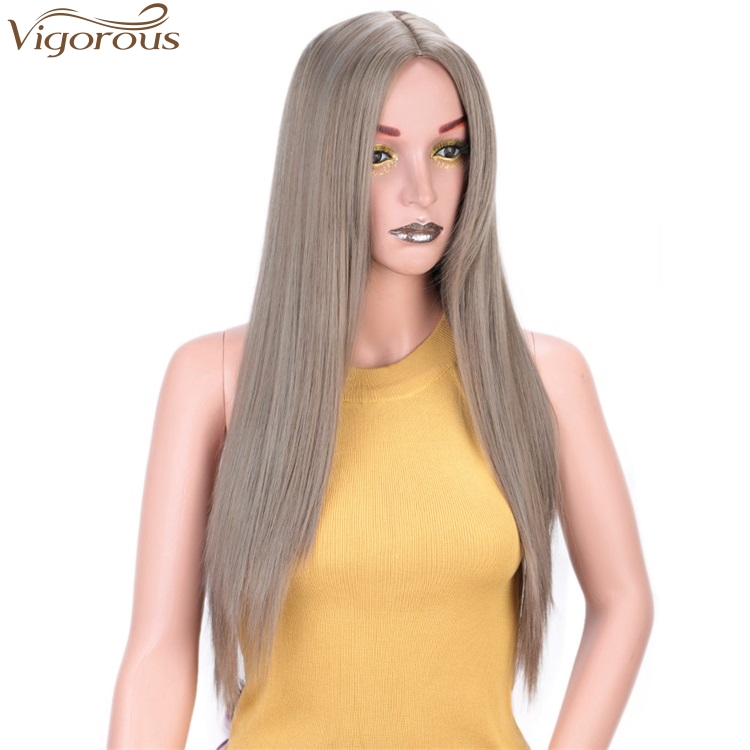 Vigorous Long Silky Straight Synthetic Wigs Middle Part Gray Color Wig For Black White Women Heat Resistant Fiber Cosplay Wigs