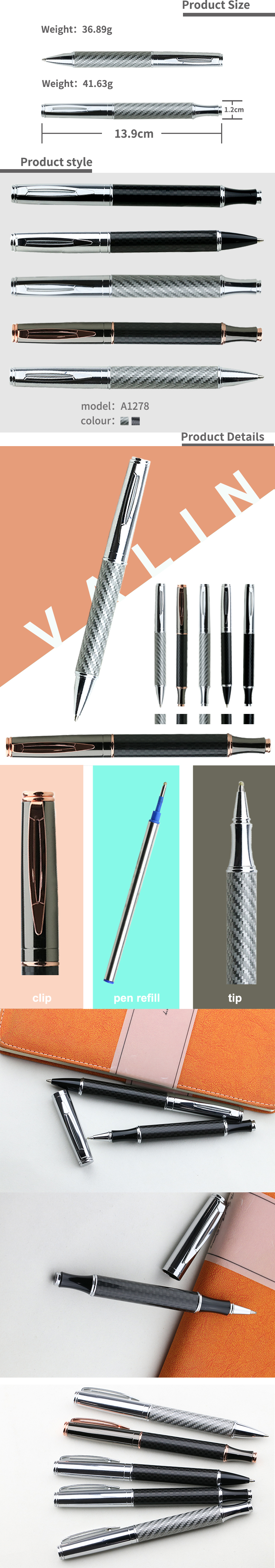 Luxury design free ink carbon fibre roller ball pen with logo printed