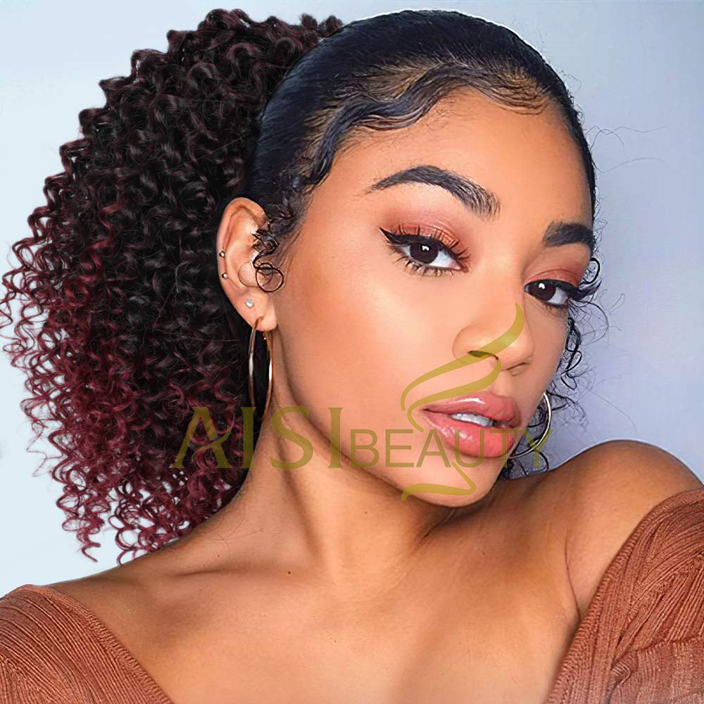 Aisi Beauty New Design Wholesale Ombre Red Afro Fluffy Puff Hairpiece Extension Messy Donut Curly Afro Kinky Afro Hair Bun