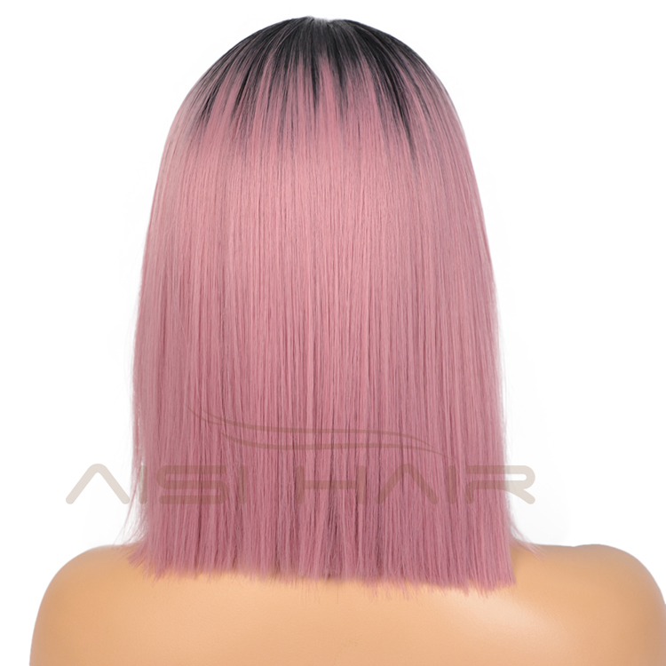 Aisi Hair 14 Inch Short Bob Ombre Pink Dark Root Wig Swiss Lace Wig Cosplay Synthetic Lace Frontal Wigs For Black Women