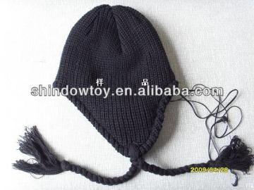 beautiful strip knitted beanie hat with headset Tassels for girls