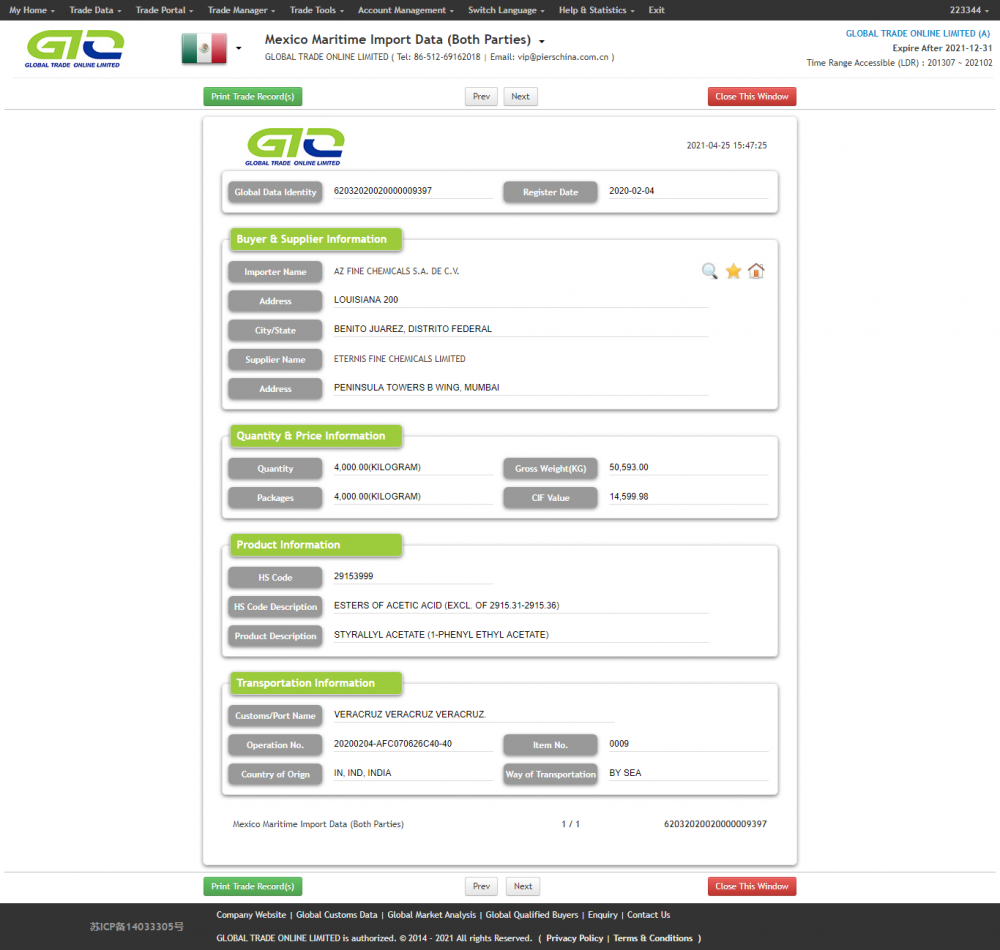 Lista de compradores de dados alfandegários de acetato de etila no atacado