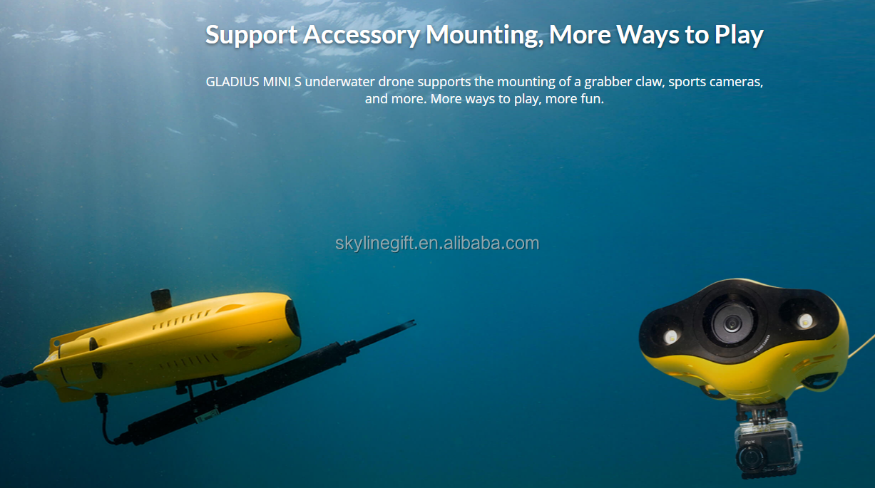 Chasing GLADIUS MINI S Underwater Drone ROV Robot for Diving and Rescue with Robotic Arm for finding fishes