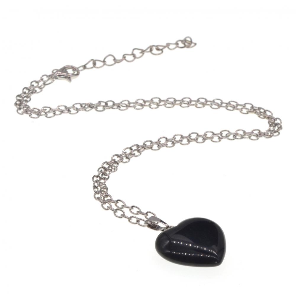 Collier Pendentif Coeur Onyx Noir 45cm Chaîne