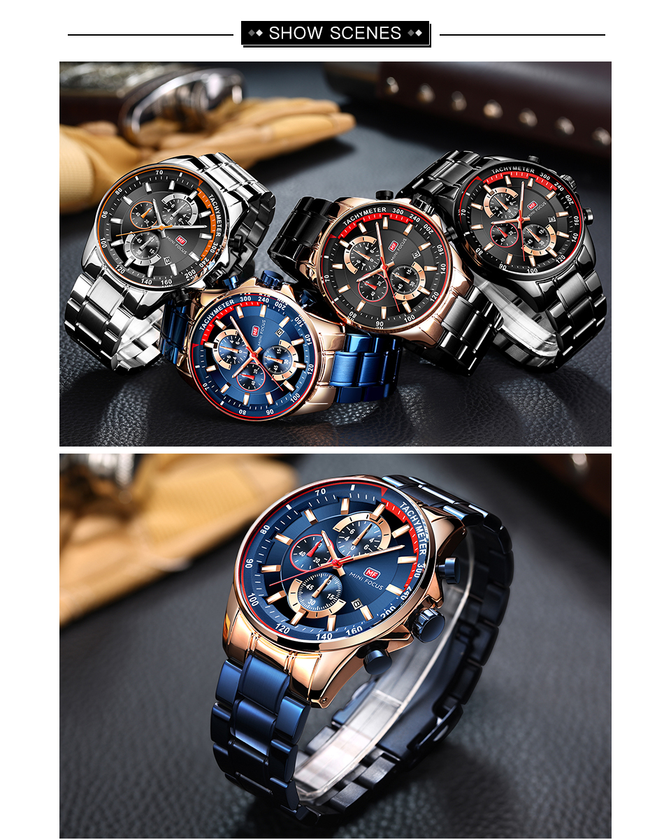 MINI FOCUS MF0218G Men's Quartz Watches Stainless Steel Strap Waterproof Chronograph Business Waterproof Wrist Watch