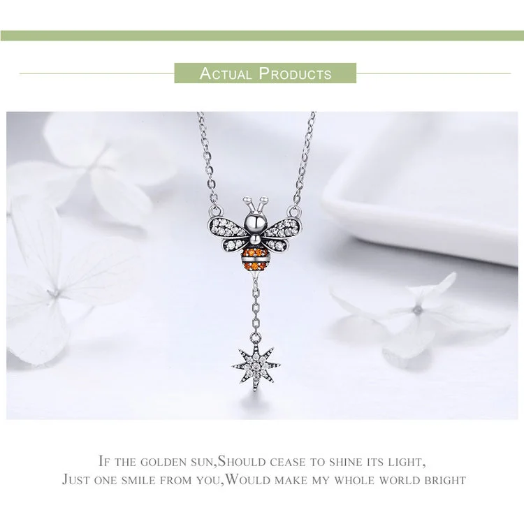 925 Sterling Silver Jewelry Fashion Bee Clear CZ Snowflake Pendant Necklace