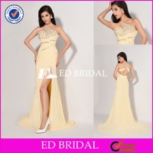 BN50 One Shoulder Sleeveless Pleated Beading Yellow Dresses Evening Dresses With Stones