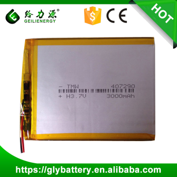 Lithium polymer 407290 3.7V 3000mah rechargeable lithium polymer battery
