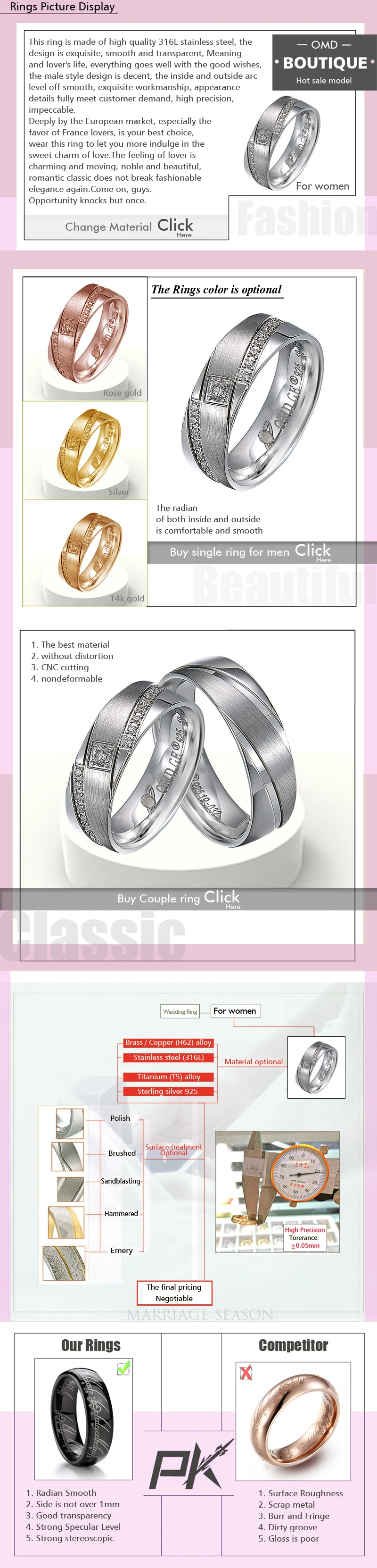 High Quality Jewelry 316L Stainless Steel Engagement Wedding Ring