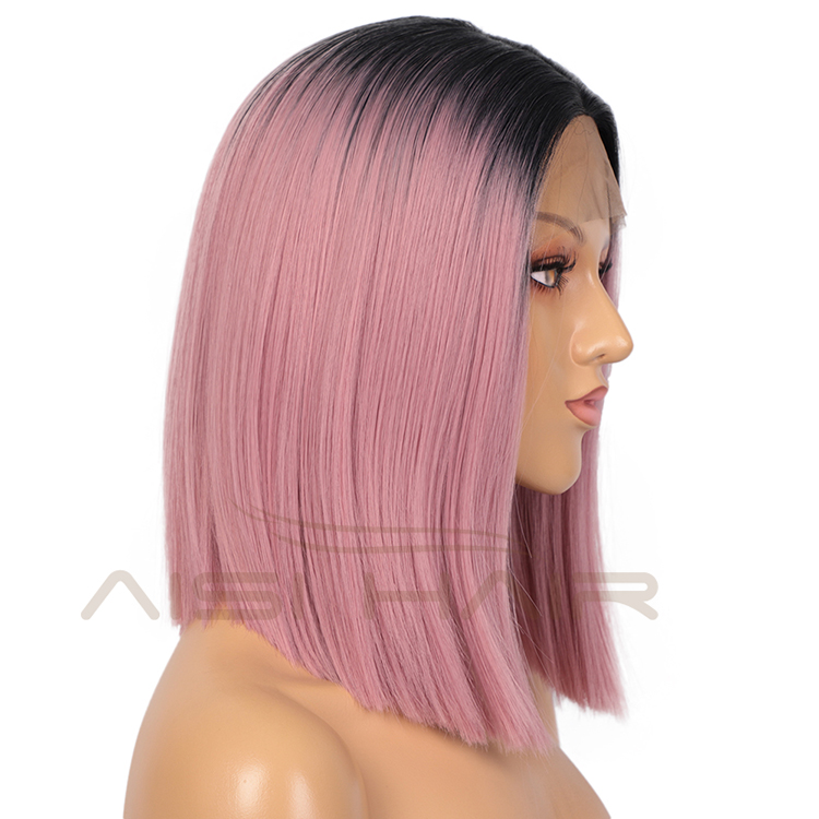Aisi Hair 14 Inch Short Bob Ombre Pink Dark Root Wig Swiss Lace Wig Cosplay Synthetic Lace Frontal Wigs For Black Women