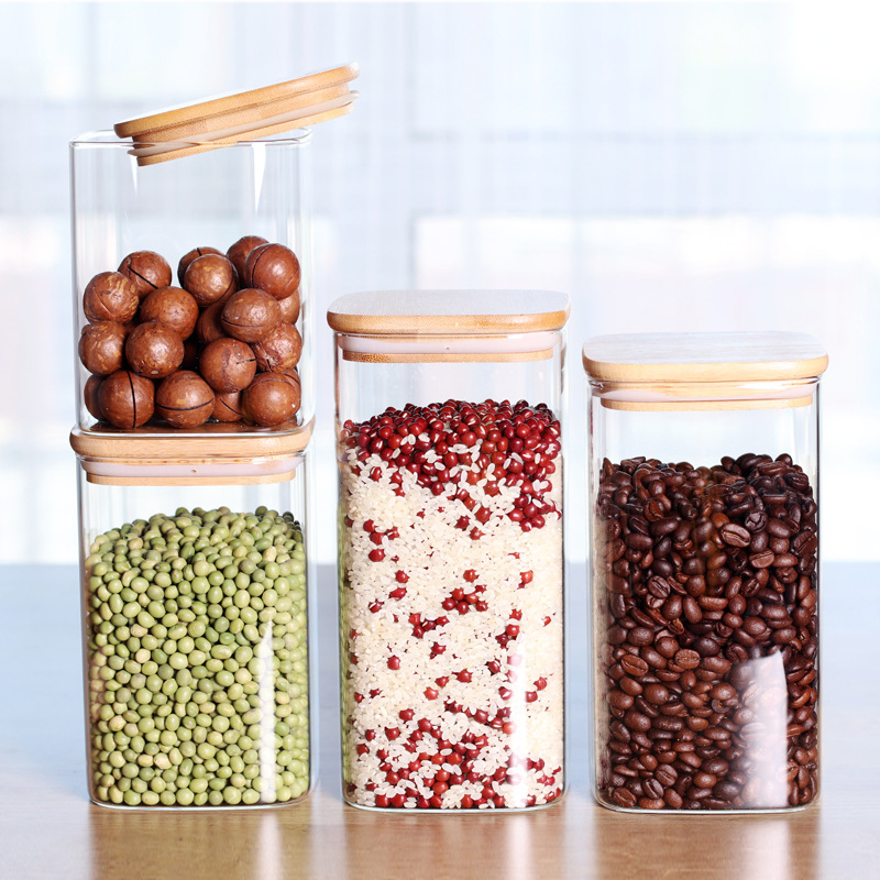 High-quality Borosilicate Glass Square Bamboo Lid Jar storage container jar