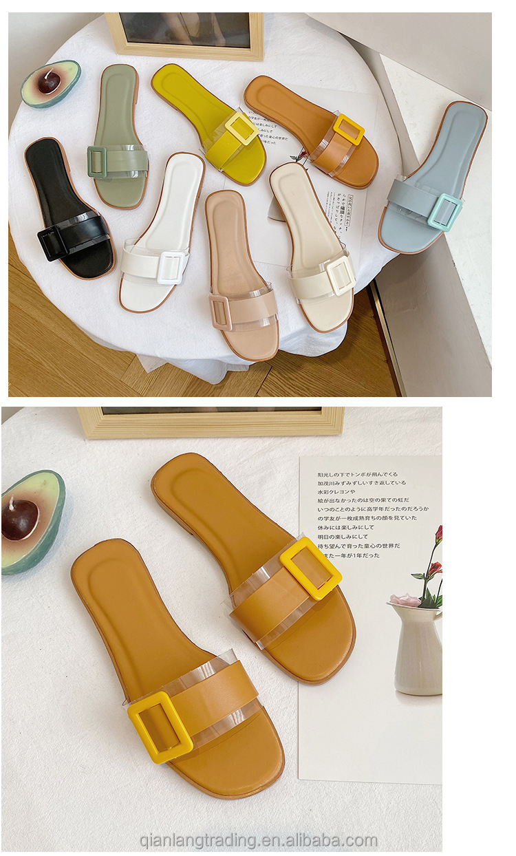 2021 summer Fashion Design Light Weight Outdoor Flat Ladies h shape slipper for women slide with  button women sandals