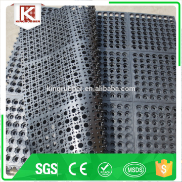 rubber mat designed to drain liquids off the mat and the large holes though the mat allows liquids to drain freely