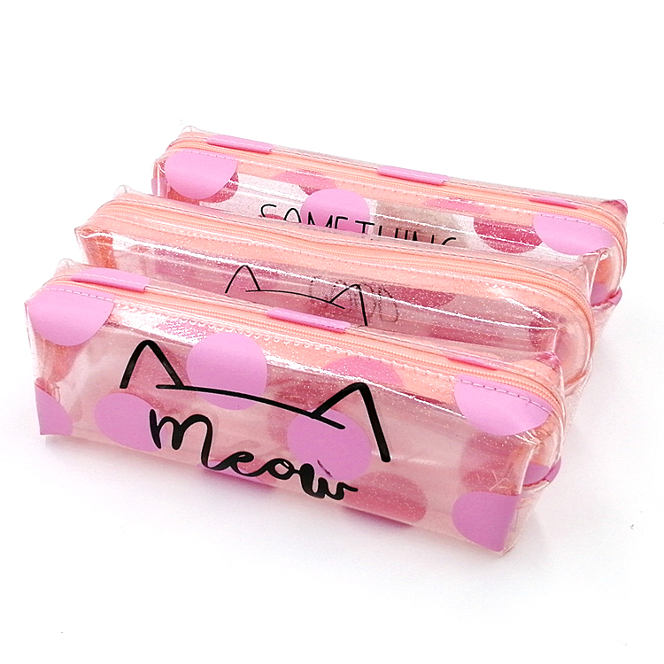 Transparent waterproof cat pattern pink plastic pencil case