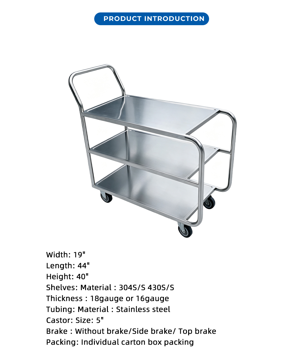 عربة أدوات دوارة من الفولاذ المقاوم للصدأ ذات 3 طبقات X 3-Tier Stainless Steel Rolling Utility Cart X