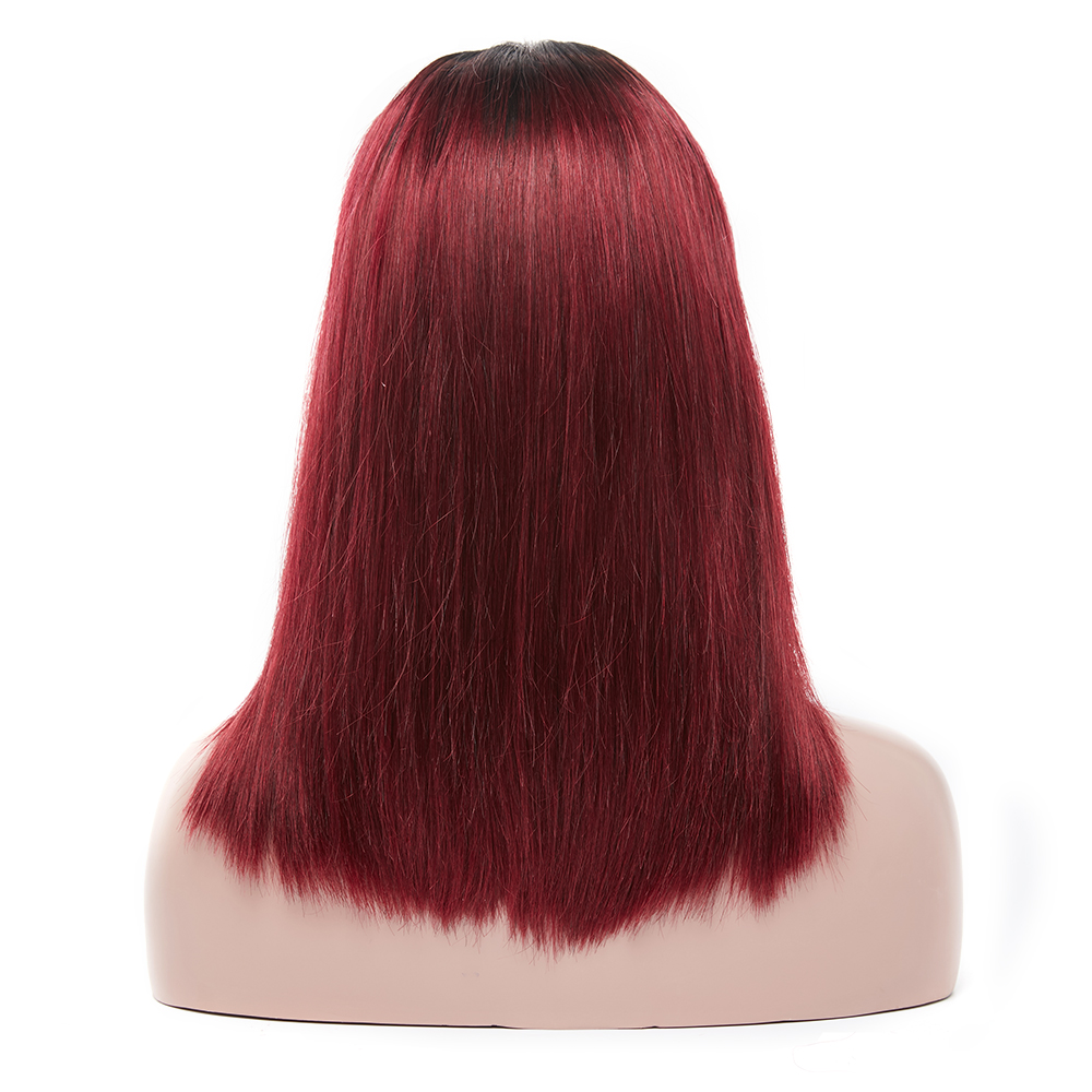 Middle Parting Cuticle Aligned Hair Straight Short Bob Wigs Dark Roots Ombre 99J Burgundy Lace Front Wig