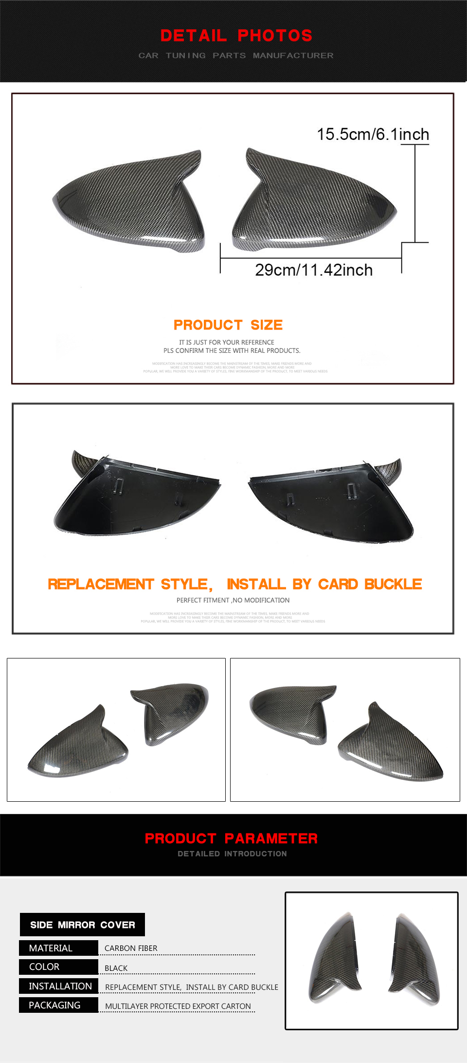 M style Carbon Fiber Rear Side View Mirror Cover for Volkswagen Golf 7 Mk7 7.5 13-19