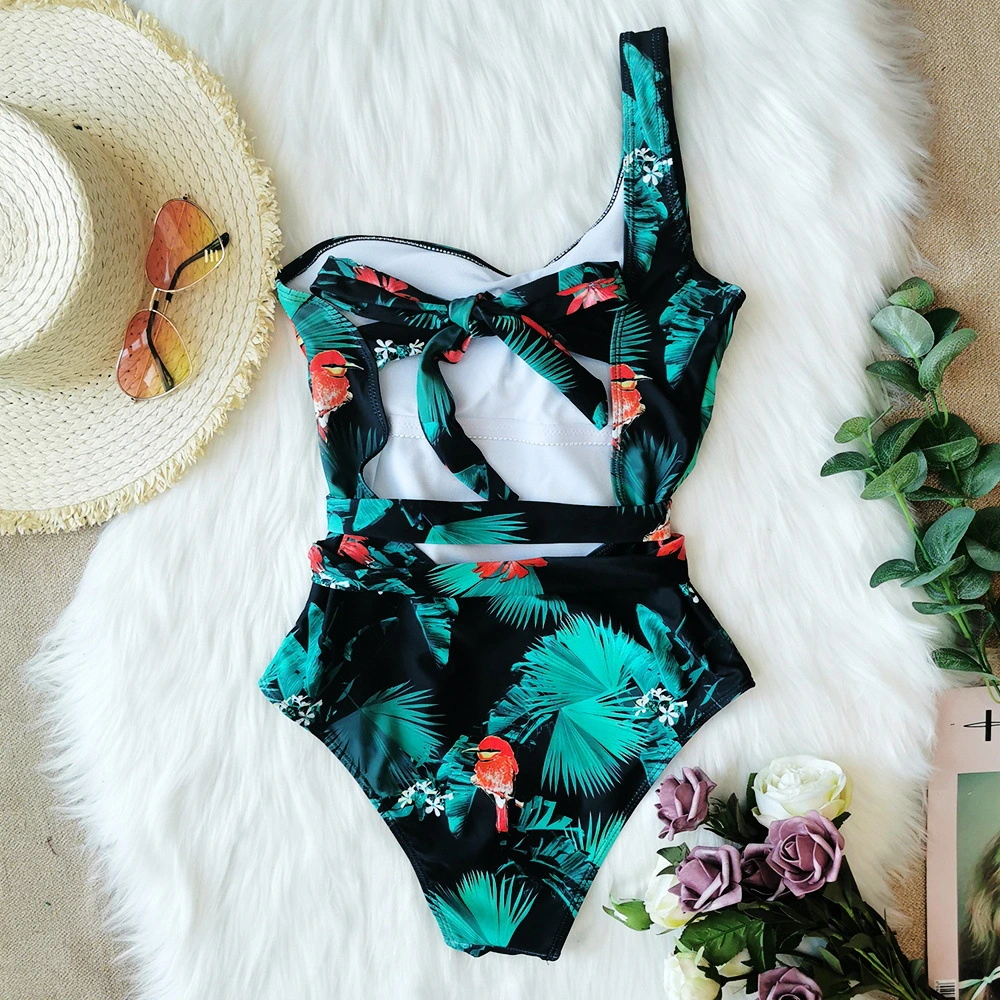 2021 New One-Shoulder Printed Floral One-Piece Swimsuit Strappy Swimsuit Women