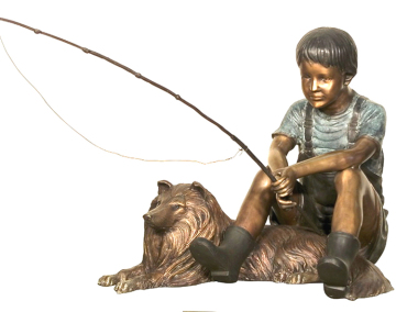 garden decoration life size fishing bronze boy sculptures with dog statue