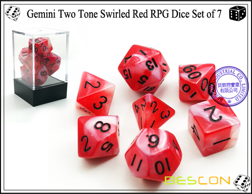 Gemini Dos Tonos Rojo Rojo Conjunto de Dados RPG de 7-1 Gemini Two Tone Swirled Red RPG Dice Set of 7-1