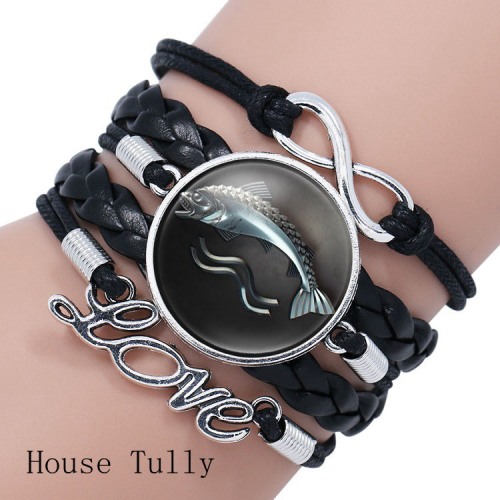 Game of Thrones Stark Wolf Glass Domed Logo Braided Leather Bracelet