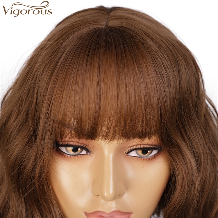 Vigorous Fashion Girl Natural Short Bob Brown Wig With Neat Bangs Synthetic Short Curl Wave Wigs Heat Resistant