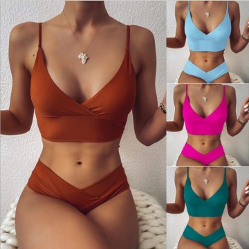Women Criss Cross Wrap Swimsuit Plain Bikini