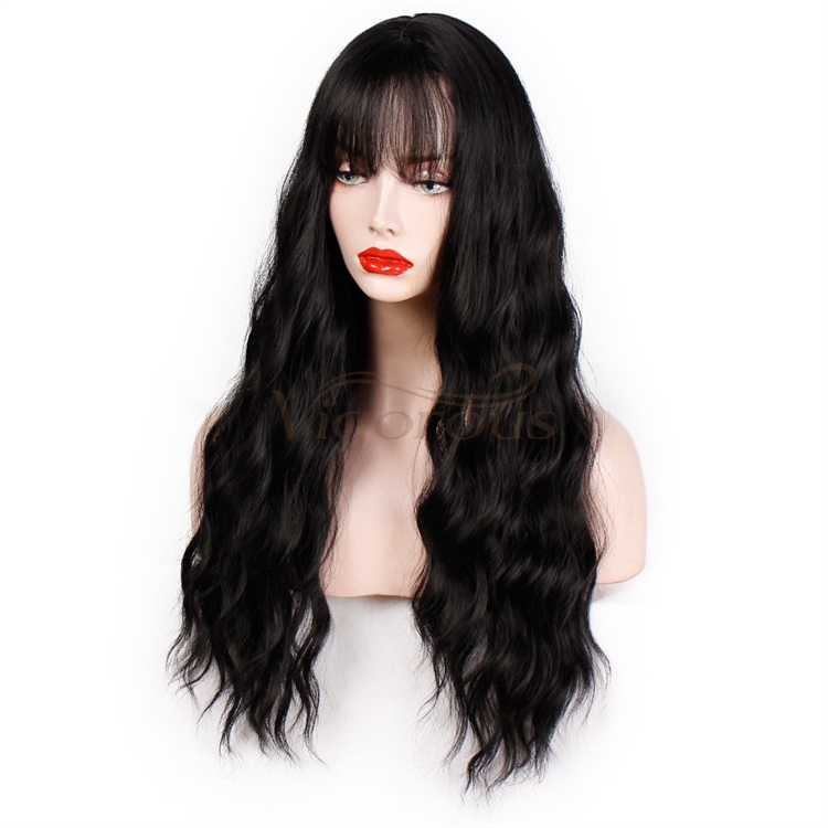 Vigorous Long Wavy Wigs with Bangs Middle Part Body Wave Synthetic Wig Heat Resistant Fiber Wigs for African American Women