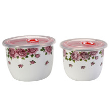 High Quality Kitchenware Set White Decals Enamel Storage Bowl Set with Plastic Cover