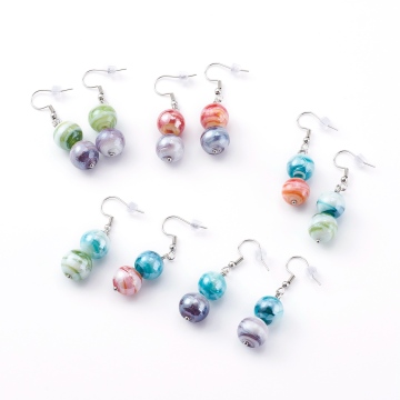 304 Stainless Steel Earring Hooks & Ear Nuts with Mixed Color Round Lampwork Dangle Earrings