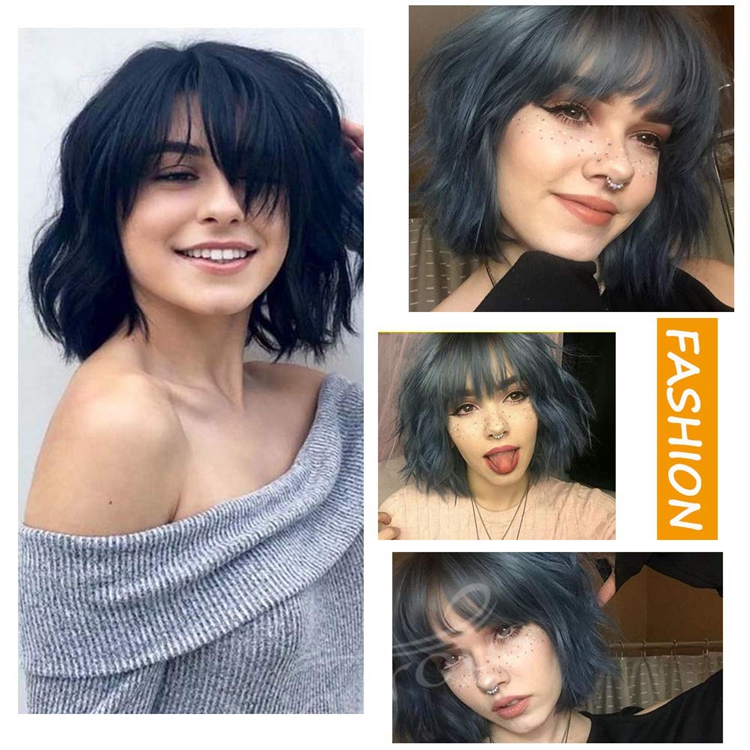 Short Bob Wavy Wigs With Bangs Mixed Navy Blue Curly Wigs For Women Natural Looking Synthetic Heat Resistant Fiber Wig For Daily