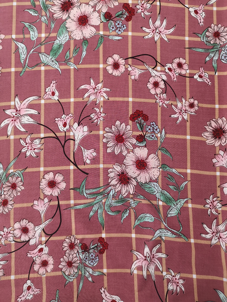 Check Flower Rayon Challis 30S Air-jet Printing Fabric