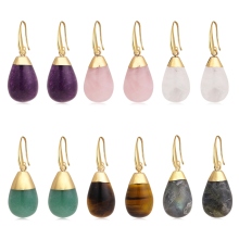 Natural Stone Pendant Dangle Earrings Gemstone Teardrop Pendant Drop Earrings with Steel Stainless Steel Hoop Crystal Earrings