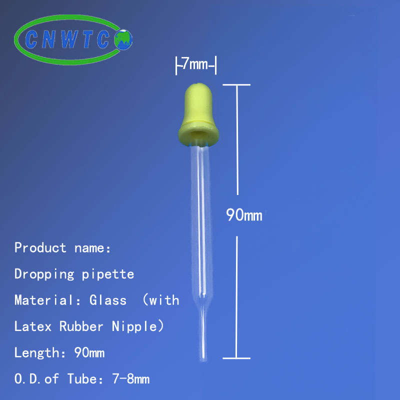 Glass Dropper Pipettes with yellow Rubber Lab glassware Pasteur pipette