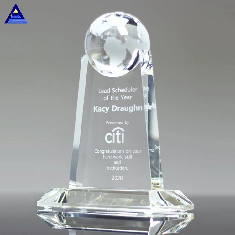 Human Metal Trophy with Man Glass Blue World Earth Crystal Award Globe