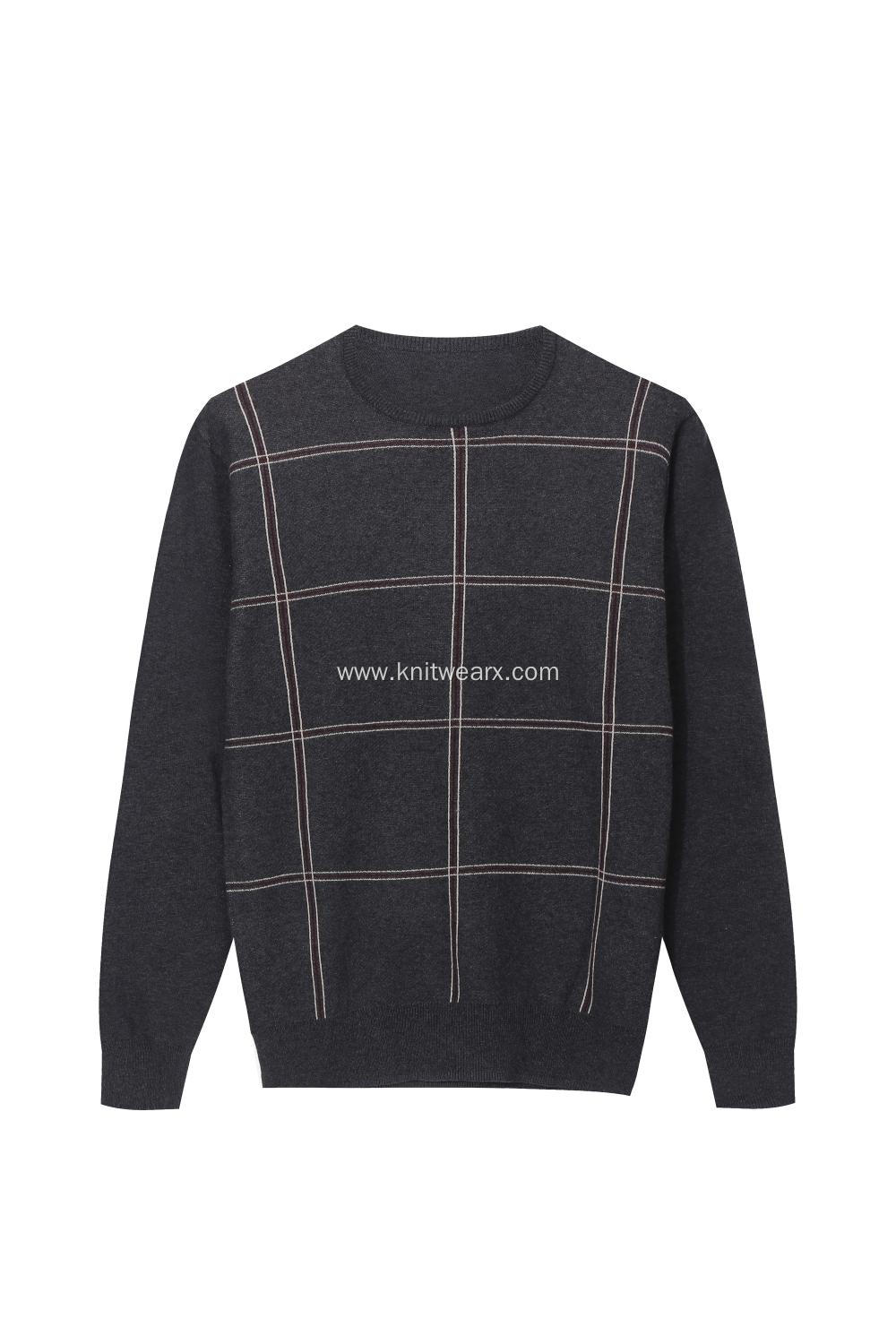 Men's Knitted Checks Jacquard Crew-Neck Pullover