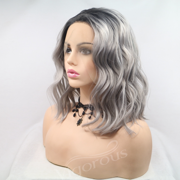 Vigorous ombre short bob premium high quality curly wholesale black women synthetic hair wigs with lace front