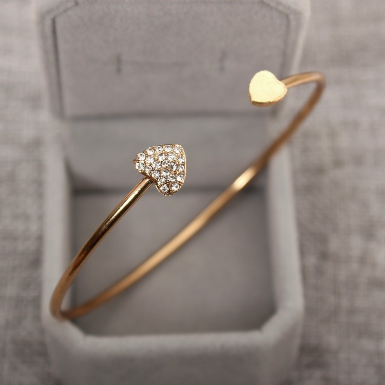 Full diamond heart-shaped bracelet open gold-plated bracelet double peach heart bangles