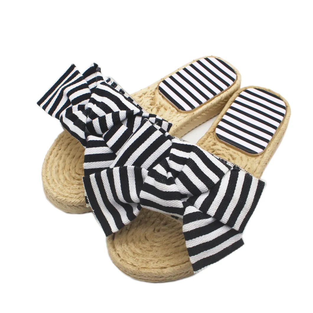 Summer Stylish Blue Bow Design Women's Slippers Household Comfortable Breathable Cotton Straw Woven Women Slippers