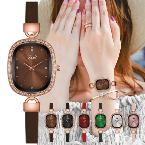 2021 mode dames lederen quartz horloge charme jurk vierkante wijzerplaat met strass mooie horloges voor dames groene klok