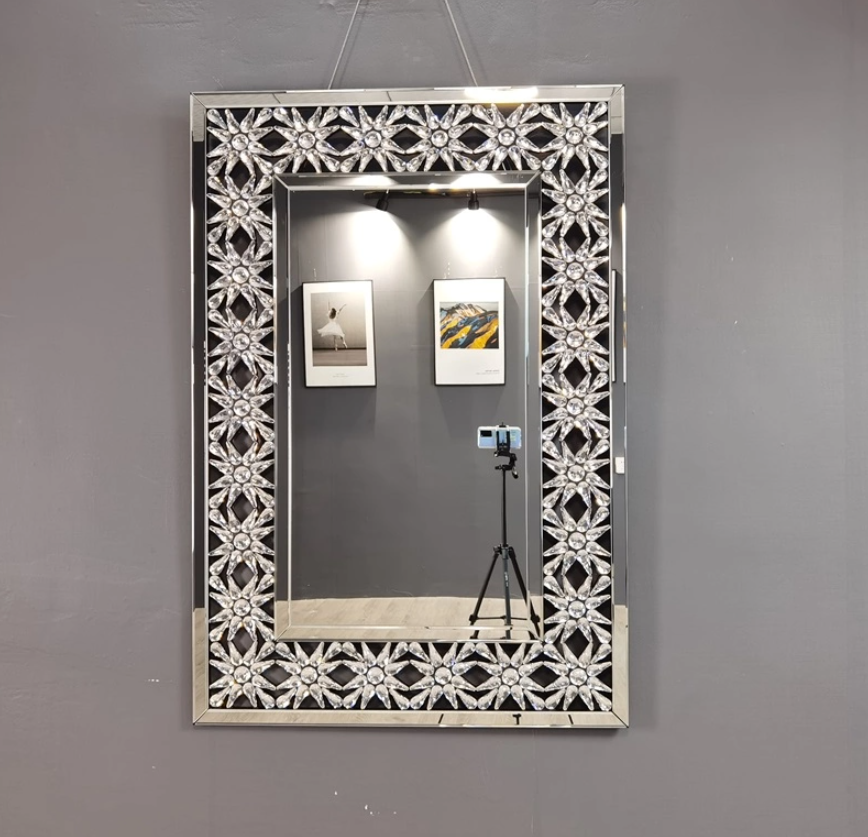 Indoor decorative mirror above fireplace