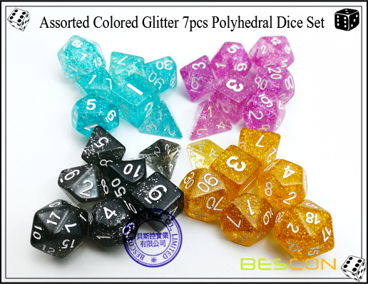 Surtido de brillos coloreados 7pcs Set de dados poliédricos-15 Assorted Colored Glitter 7pcs Polyhedral Dice Set-15