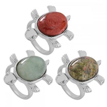 Natural Stone Turtle Rings Gemstone Oval Shape See Turtle Ring for Men Women Crystal Quartz Adjustable Ring Anniversary Birthday