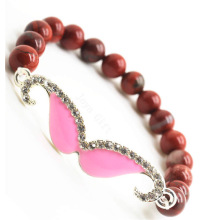 Red Jasper 8MM Round Beads Stretch Gemstone Bracelet with Diamante mustache Piece