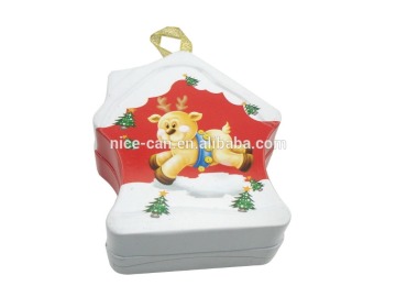 2015 unique design Christmas Decoration metal tin box Christmas house shape tin can Christmas gift tin box