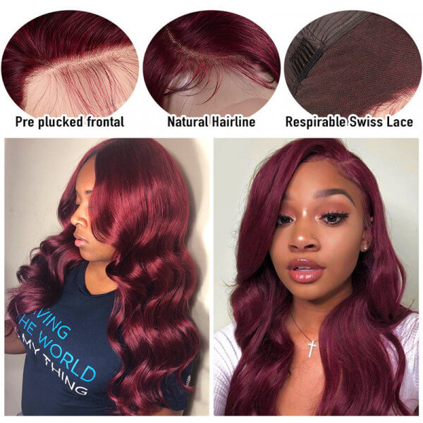 HD Transparent 13x6 Lace Frontal Human Hair Wig 250% Density Burgundy Ombre Color Brazilain Virgin Hair Straight Wig For Women