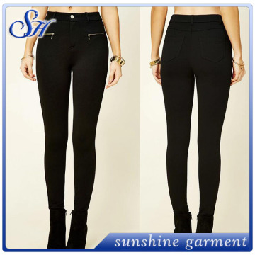 Wholesale ladies basic stretch tight leggings black with zipper woven pants